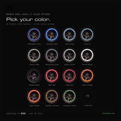 A color options chart for Bronco bead locks on a black background, showing multiple circular lock designs in different colors with labels such as Antimatter Blue, Velocity Blue, Azure Gray, Area 51, Carbon Gray, Carbonized Gray, Iconic Silver, Oxford White, Shadow Black, Race Red, Ruby Red, Cyber Orange, Code Orange, Sinister Bronze, and Eruption Green.