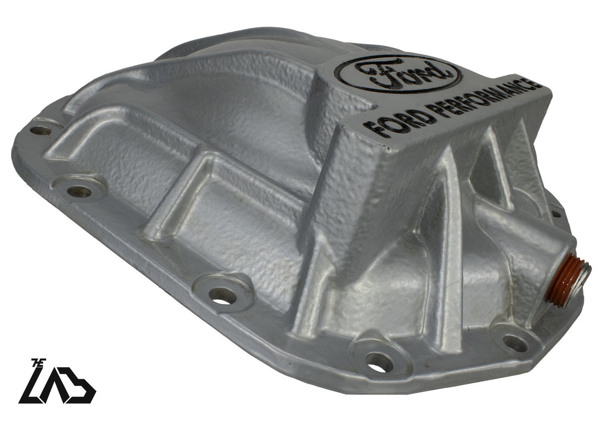 Ford Performance M-4033-BR rear differential cover, Ford OEM silver, three-quarter view